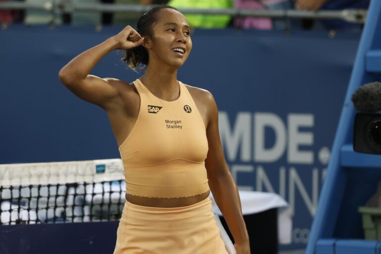 Leylah Fernandez (CAN) celebrates after her match against Jessica Pegula (USA)(not pictured) in a women's singles match on day four of the Mubadala Citi DC Open at Rock Creek Park Tennis Center.