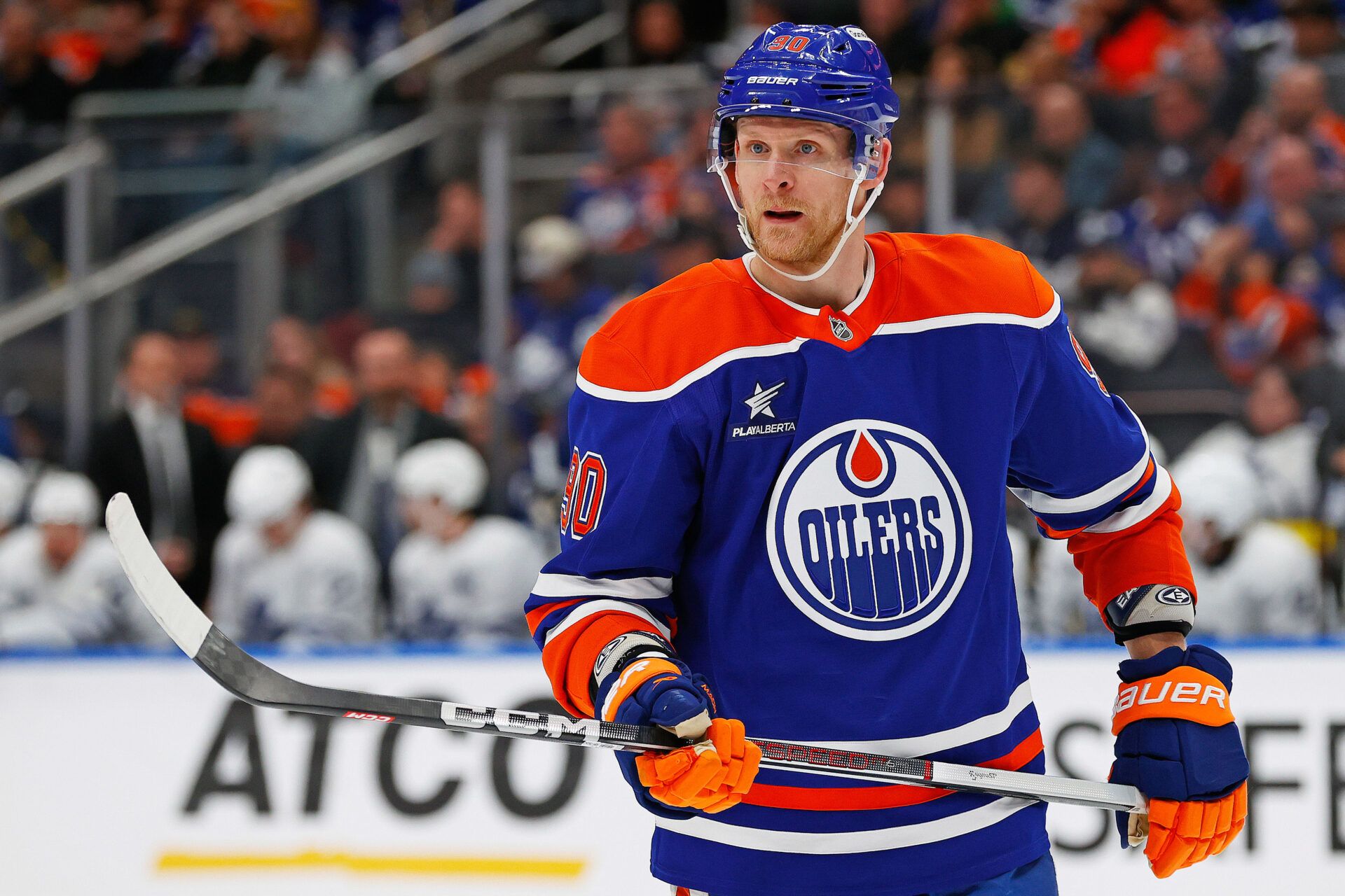 Edmonton Oilers forward Corey Perry (90) waits for the play to begin against the Toronto Maple Leafs at Rogers Place.