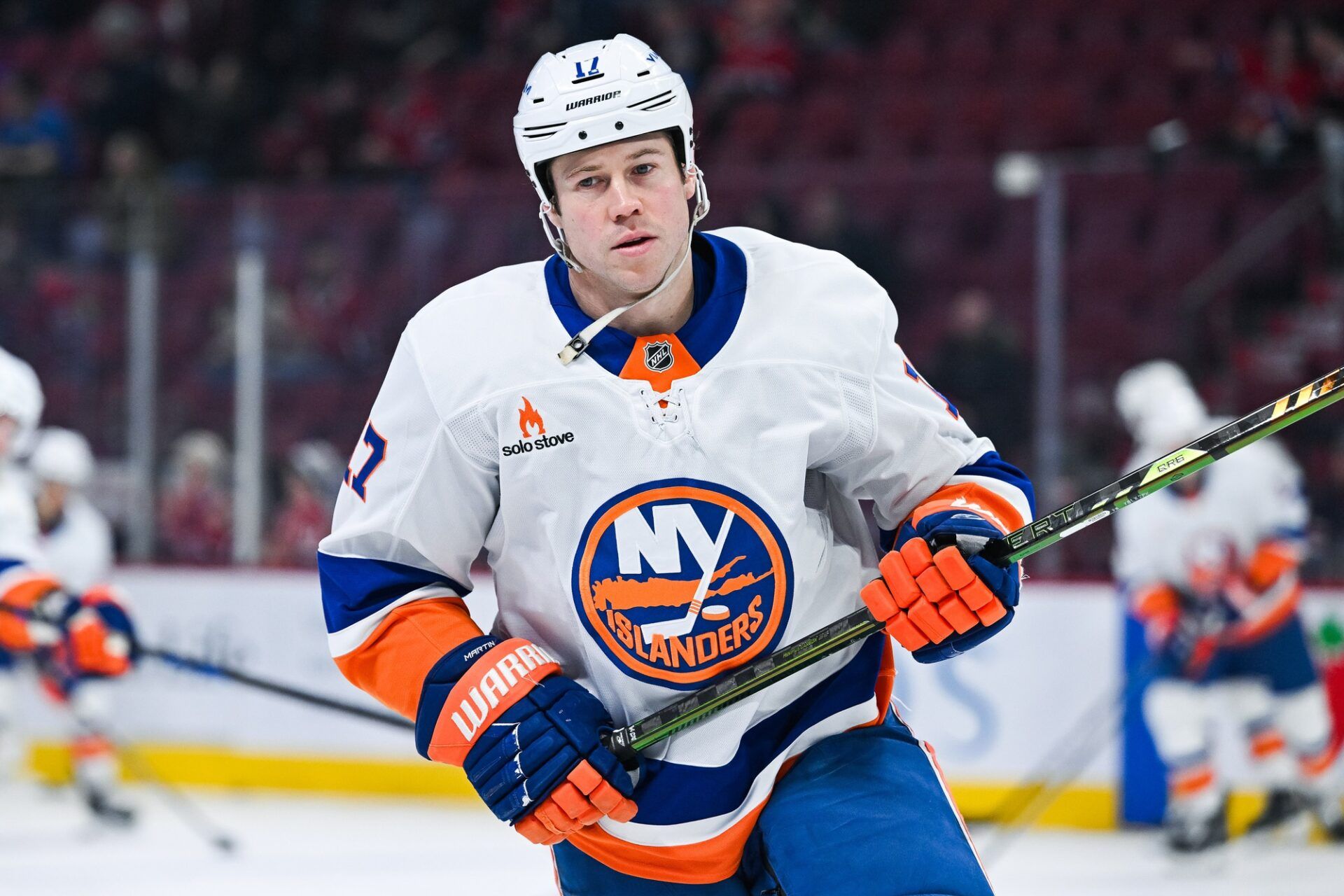 New York Islanders left wing Matt Martin (17) looks on during warm-up before the game against the Montreal Canadiens at Bell Centre.