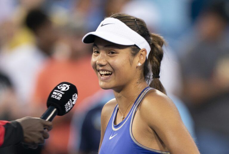 Emma Raducanu (GBR) at her oncourt interview after her match against Serena Williams (USA) at the Western & Southern Open at the at the Lindner Family Tennis Center.