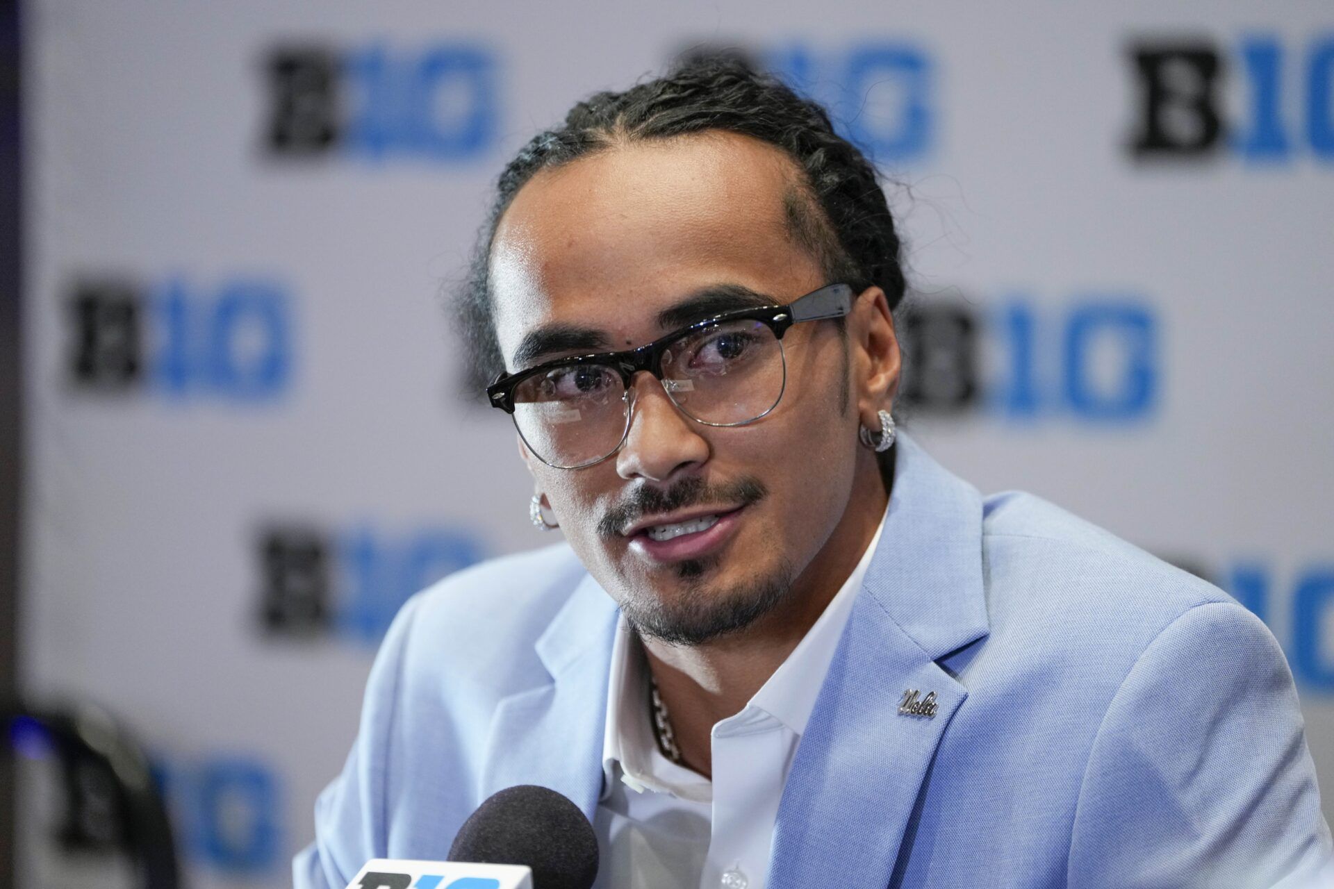 UCLA quarterback Nico Iamaleava speaks to the media during the Big Ten NCAA college football media days at Mandalay Bay Resort.