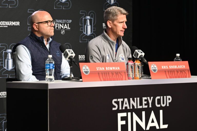 Edmonton Oilers general manager Stan Bowman along with Oilers head coach Kris Knoblauch are seen during media day in advance of the 2025 Stanley Cup Final at Rogers Place.