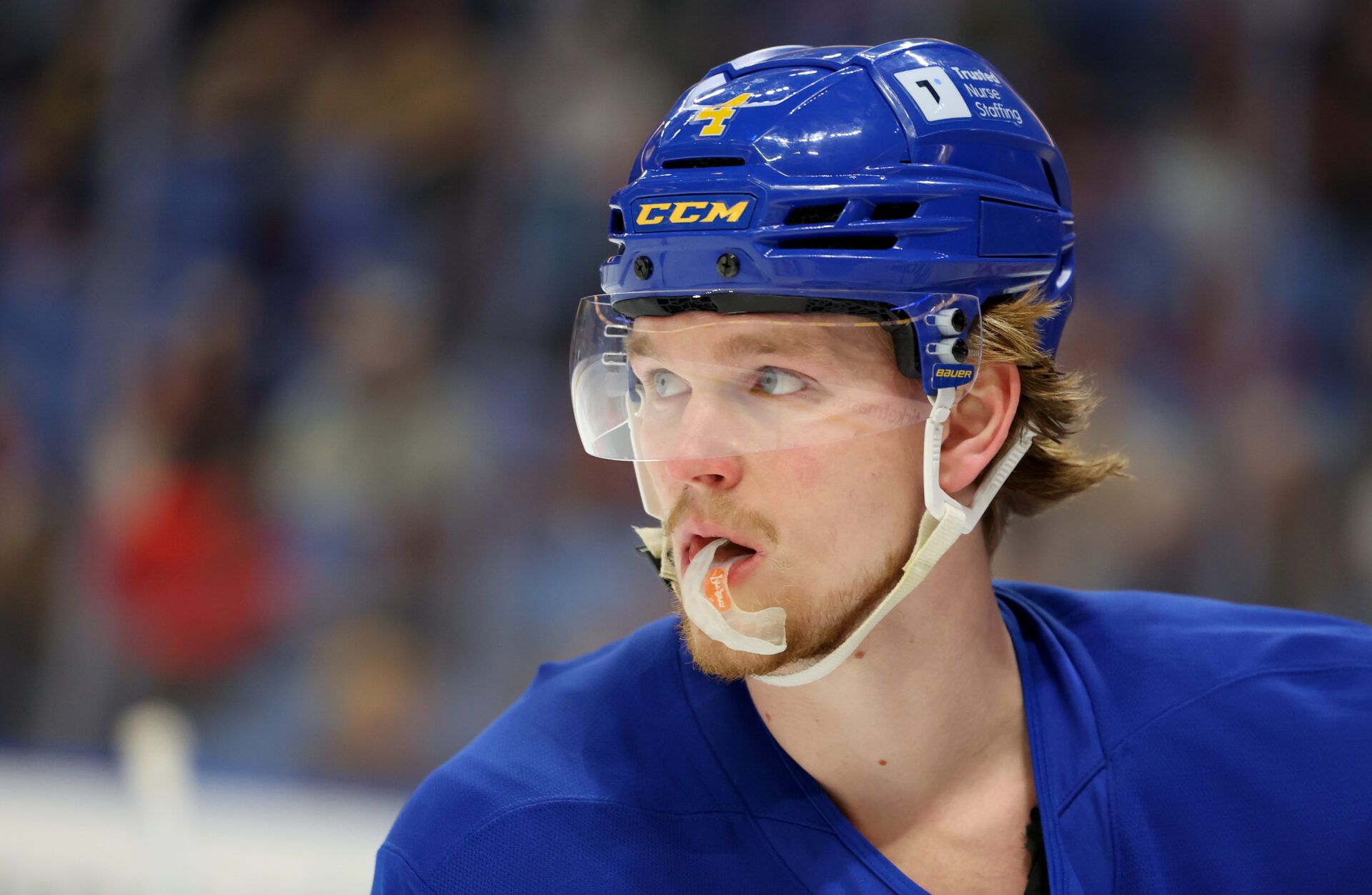 Buffalo Sabres defenseman Bowen Byram (4) on the ice before a game against the Ottawa Senators at KeyBank Center.