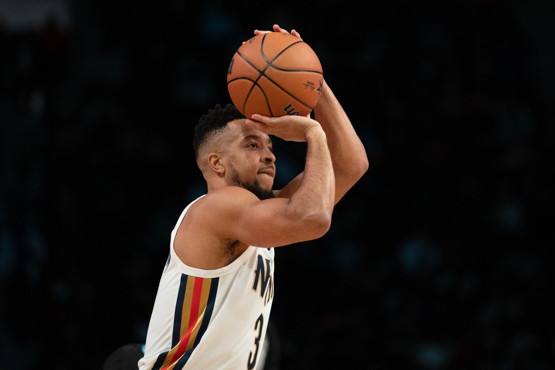 New Orleans Pelicans guard C.J. McCollum (3) during the 3-Point Contest during the 2022 NBA All-Star Saturday Night at Rocket Mortgage Field House.