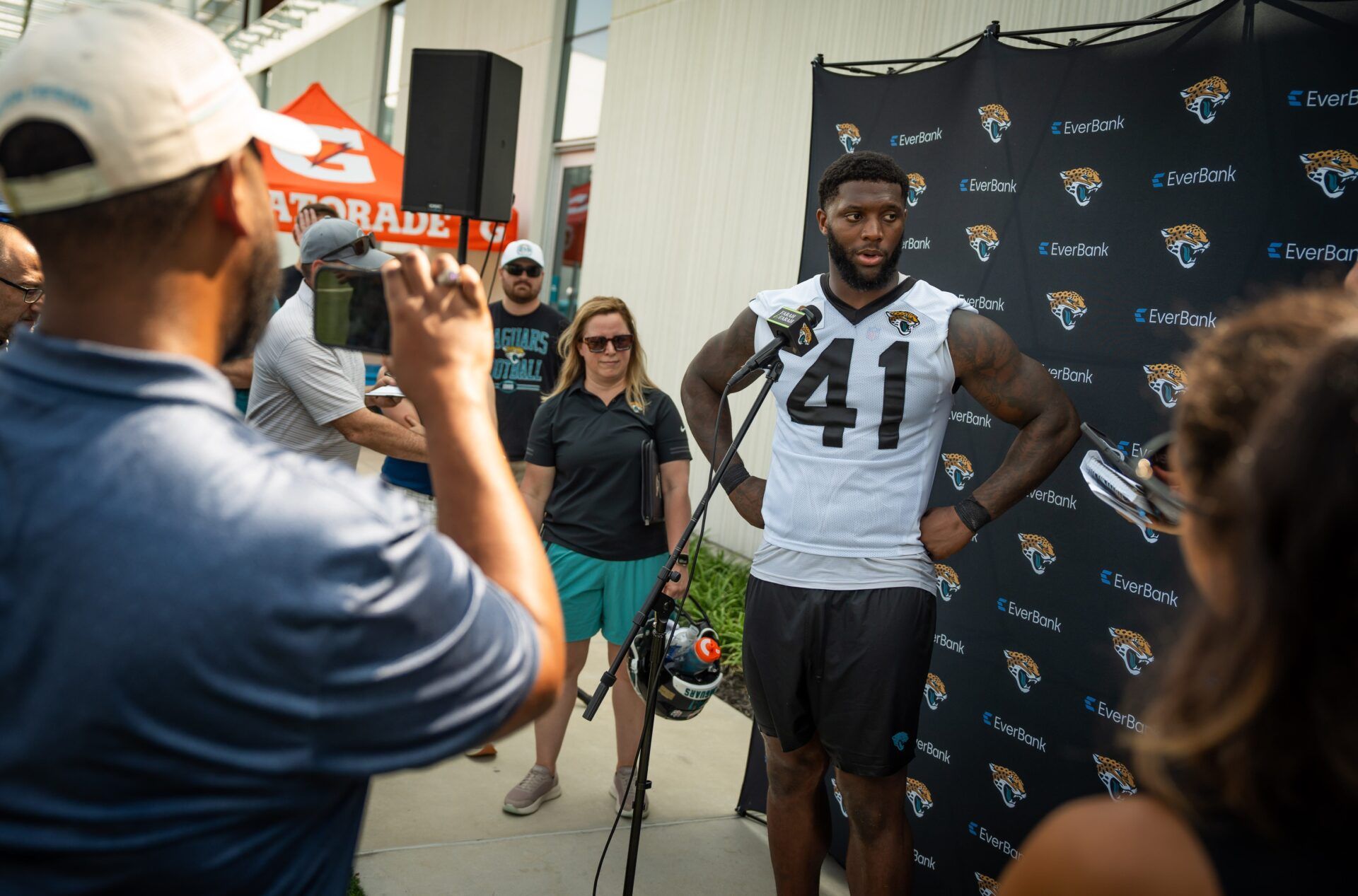 Jacksonville Jaguars defensive end Josh Hines-Allen (41) answers questions during a press conference after the seventh organized team activity at the Miller Electric Center in Jacksonville, Fla. Monday, June 2, 2025. [Doug Engle/Florida Times-Union]