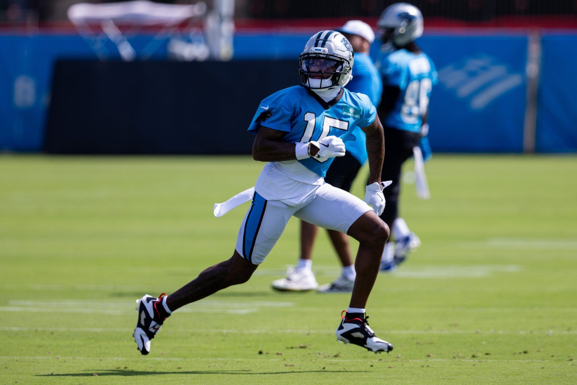 Carolina Panthers wide receiver Jimmy Horn Jr. (15) runs a route during training camp.