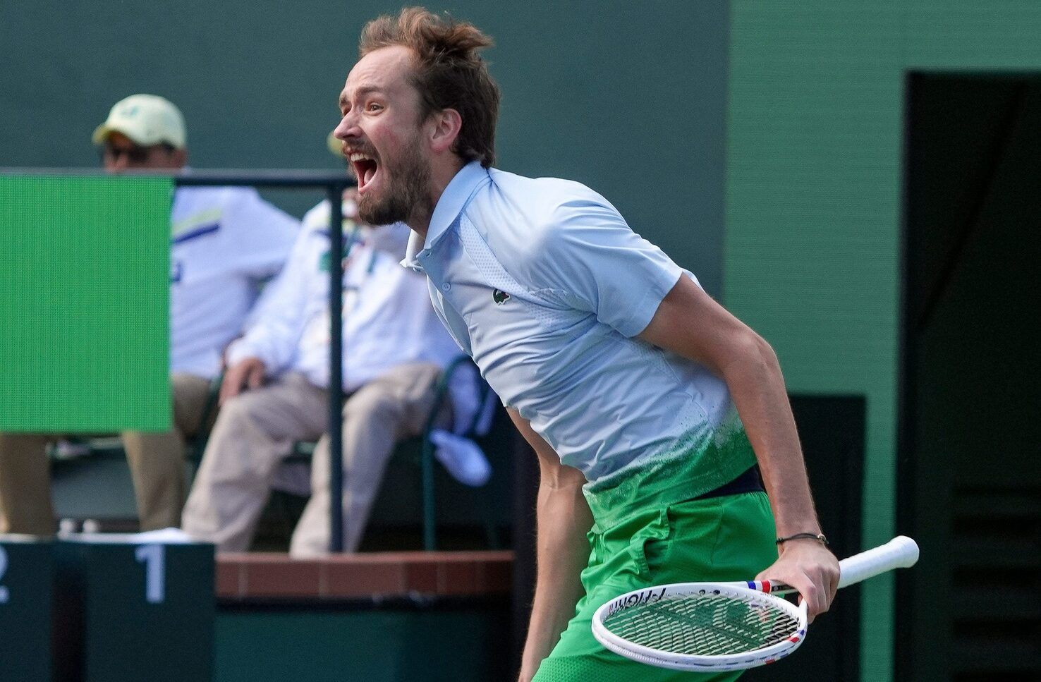 Daniil Medvedev celebrates a tiebreak win over Arthur Fils in the men’s quarterfinals at the BNP Paribas Open in Indian Wells, Calif., March 13, 2025.