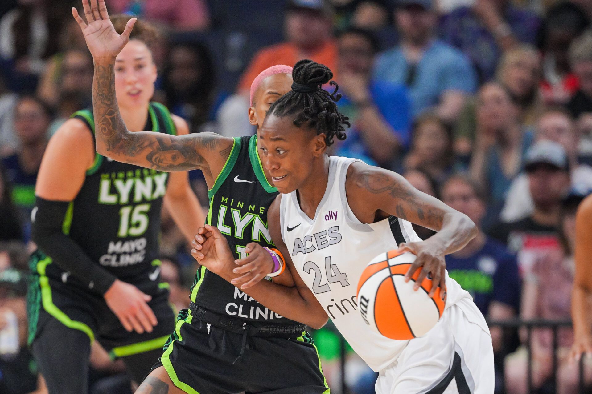 Las Vegas Aces guard Jewell Loyd (24) dribbles against the Minnesota Lynx in the fourth quarter at Target Center.