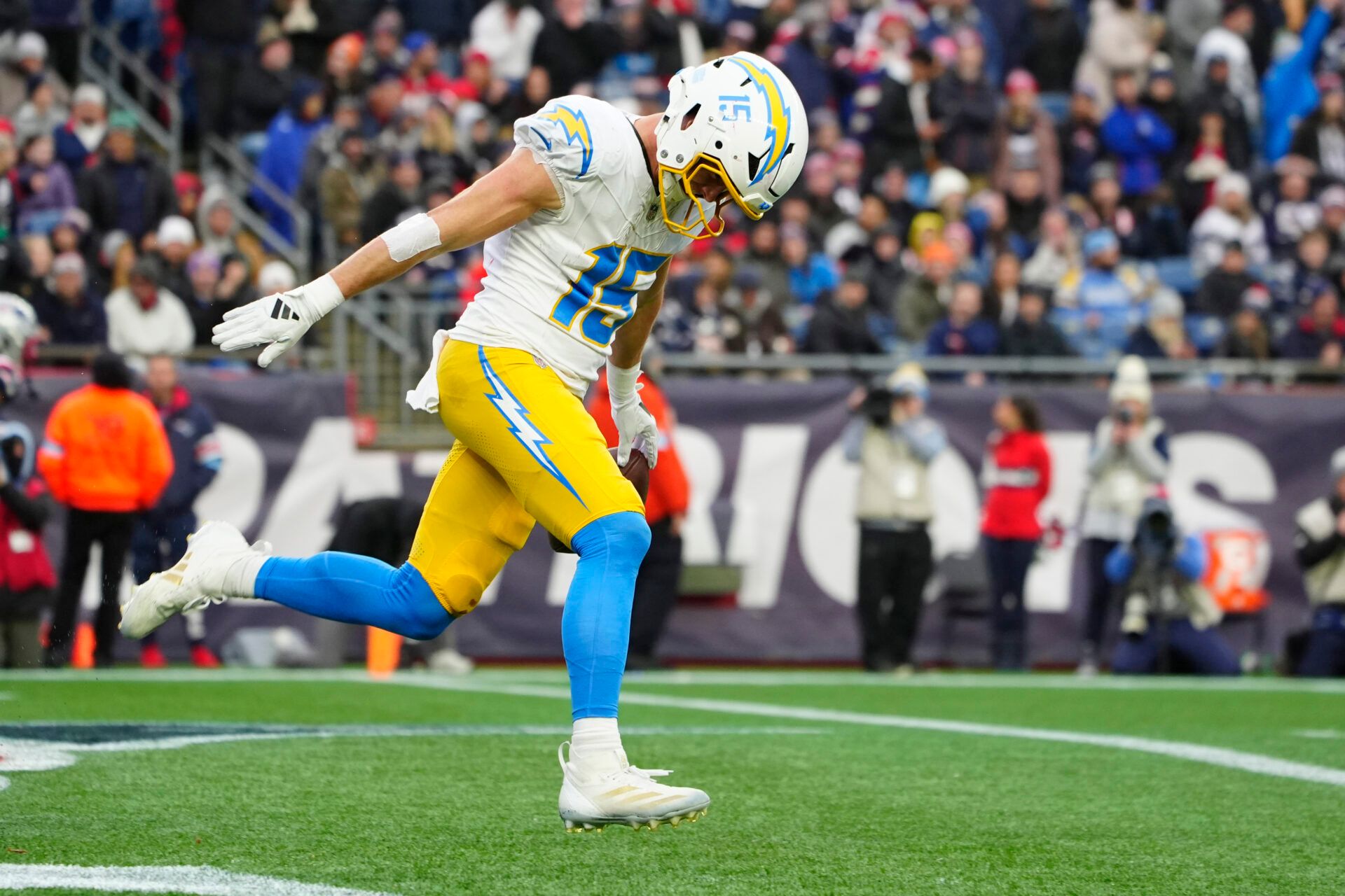 Los Angeles Chargers wide receiver Ladd McConkey (15) celebrates after scoring a touchdown against the New England Patriots during the second half at Gillette Stadium.