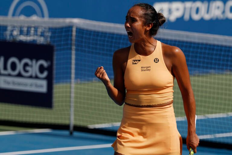 Leylah Fernandez (CAN) reacts after winning a point against Taylor Townsend (USA)(not pictured) in a women's singles quarter final of the Mubadala Citi DC Open at Rock Creek Park Tennis Center.