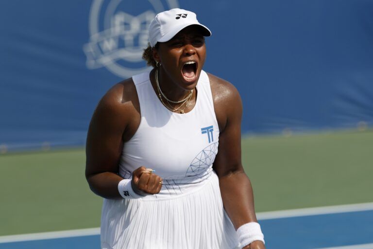Taylor Townsend (USA) reacts after winning a point against Leylah Fernandez (CAN)(not pictured) in a women's singles quarter final of the Mubadala Citi DC Open at Rock Creek Park Tennis Center.