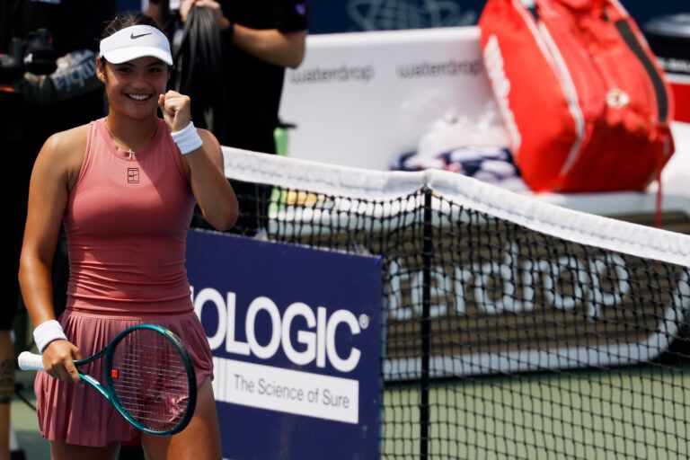 Emma Raducanu (GBR) celebrates after her match against Maria Sakkari (GRE)(not pictured) in a women's singles quarter-final of the Mubadala Citi DC Open at Rock Creek Park Tennis Center.