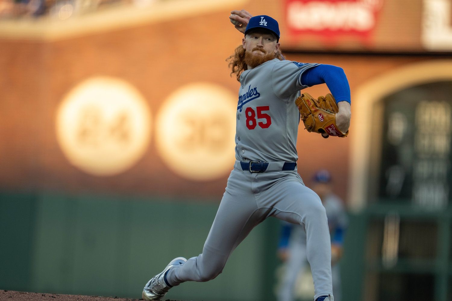 Los Angeles Dodgers starting pitcher Dustin May (85) delivers a pitch against the San Francisco Giants during the first inning at Oracle Park.