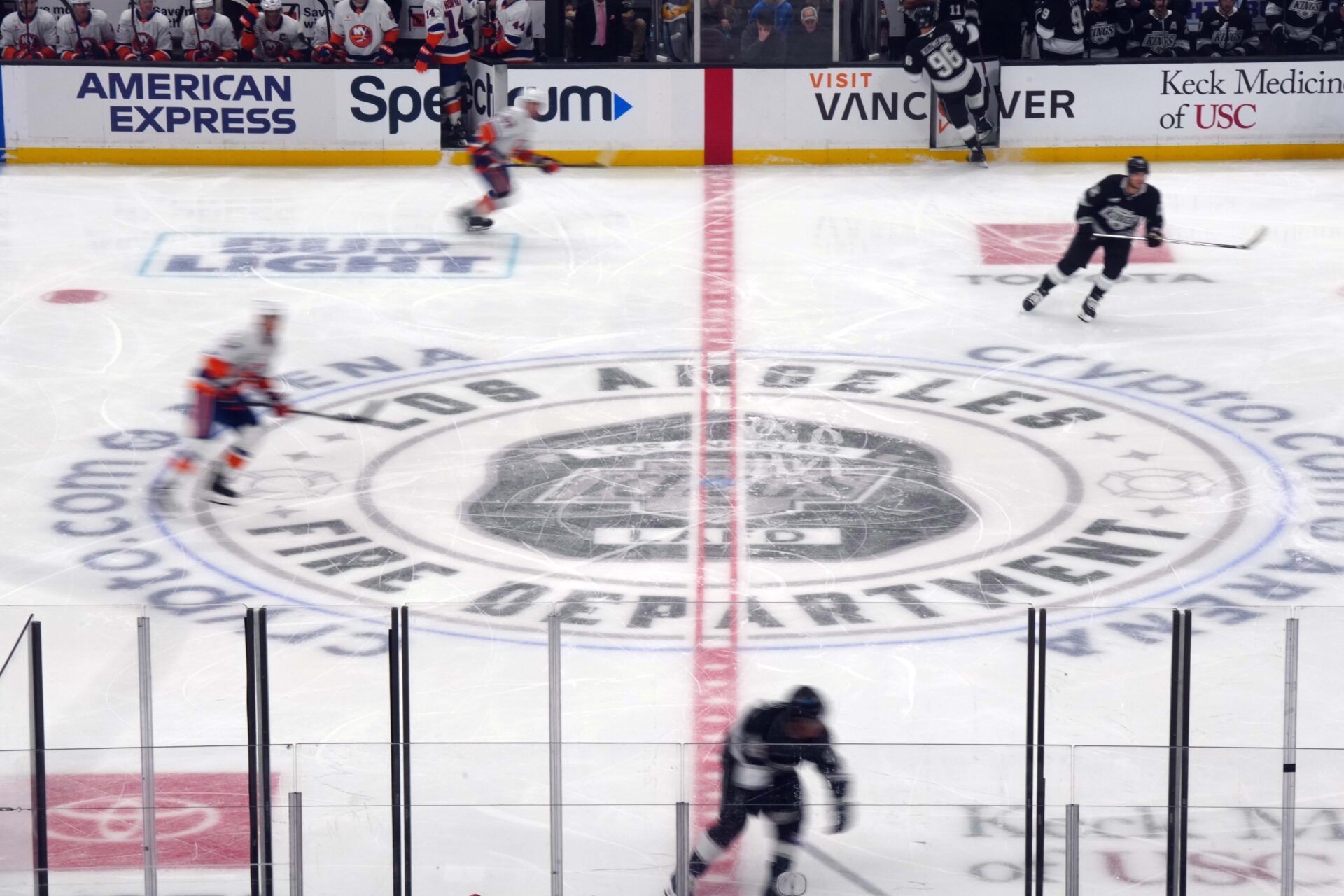 The  Los Angeles Fire Dept (LAFD) logo at center ice at the Crypto.com Arena.