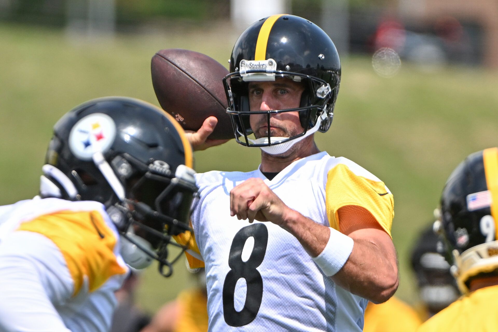 Pittsburgh Steelers quarterback Aaron Rodgers (8) participates in drills during training camp at Saint Vincent College.