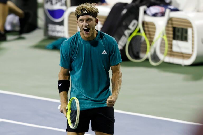 Alejandro Davidovich Fokina (ESP) celebrates after match point against Ben Shelton (USA)(not pictured) in a men's singles semi-final on day six of the Mubadala Citi DC Open at Rock Creek Park Tennis Center.