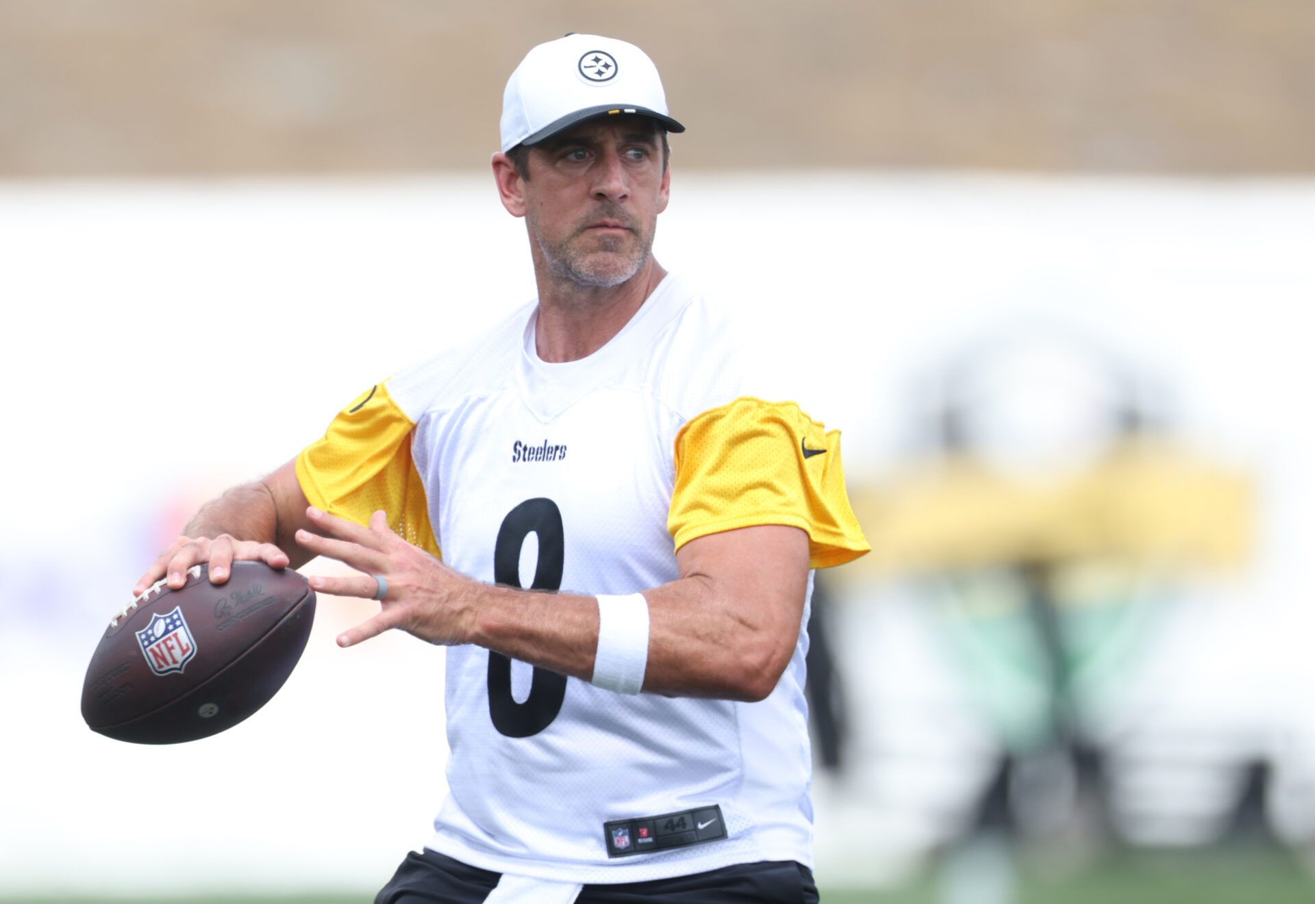 Pittsburgh Steelers quarterback Aaron Rodgers (8) participates in drills during training camp at Saint Vincent College.
