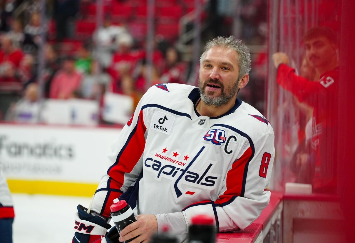 Washington Capitals left wing Alex Ovechkin (8) looks on during the warmups bgf against the Carolina Hurricanes against the Carolina Hurricanes at Lenovo Center.