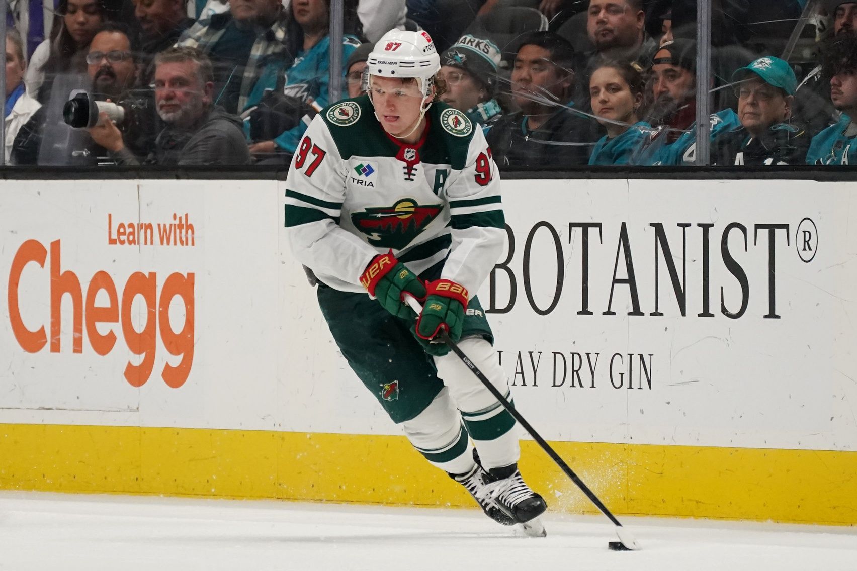 Minnesota Wild left wing Kirill Kaprizov (97) controls the puck against the San Jose Sharks during the second period at SAP Center at San Jose.