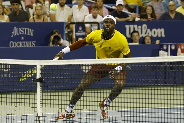 Frances Tiafoe (USA) follows his shot against Ben Shelton (USA)(not pictured) in a men's singles quarter-final of the Mubadala Citi DC Open at Rock Creek Park Tennis Center.