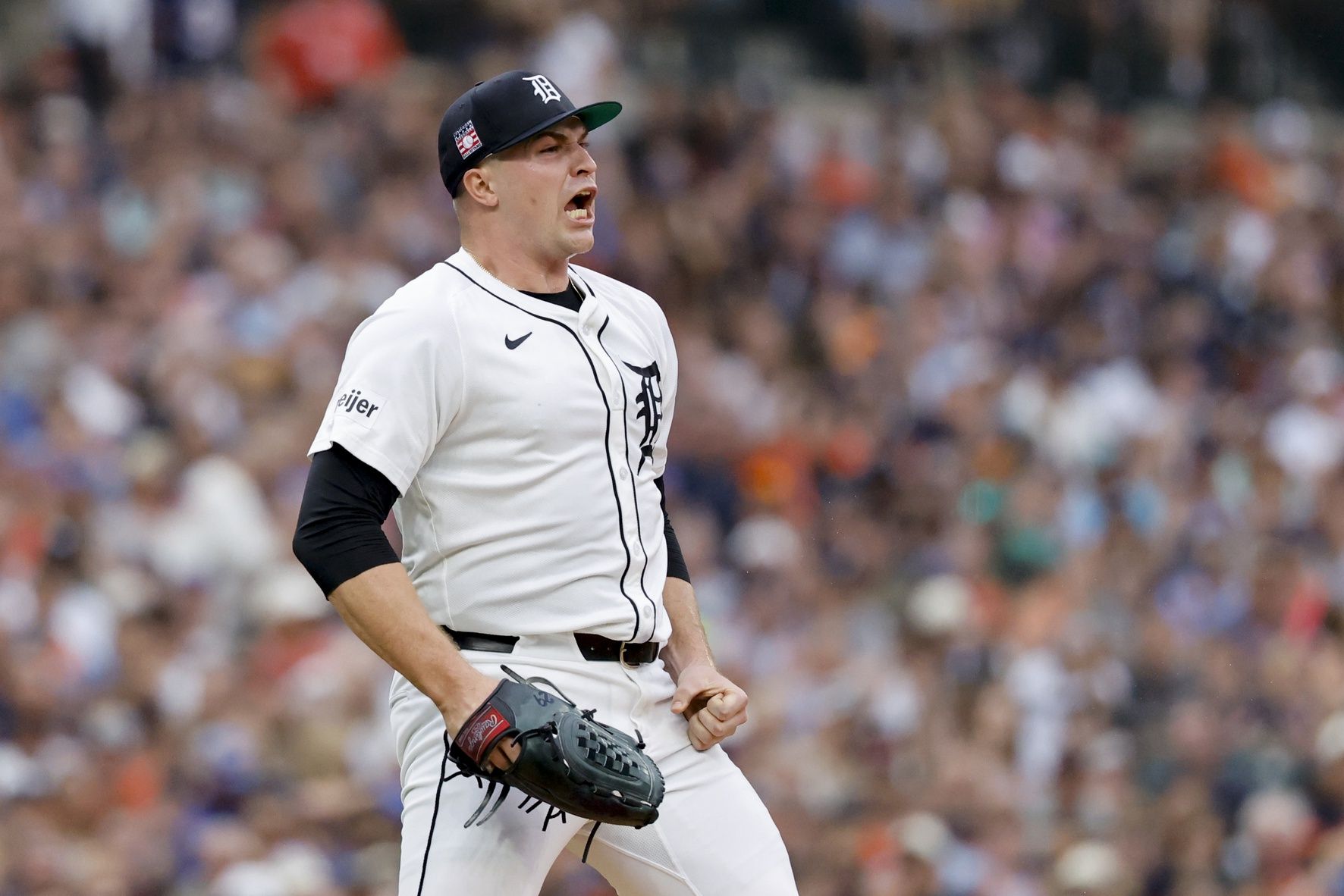 Detroit Tigers pitcher Tarik Skubal (29) reacts after he gets a strike out to end the sixth inning against the Toronto Blue Jays at Comerica Park.