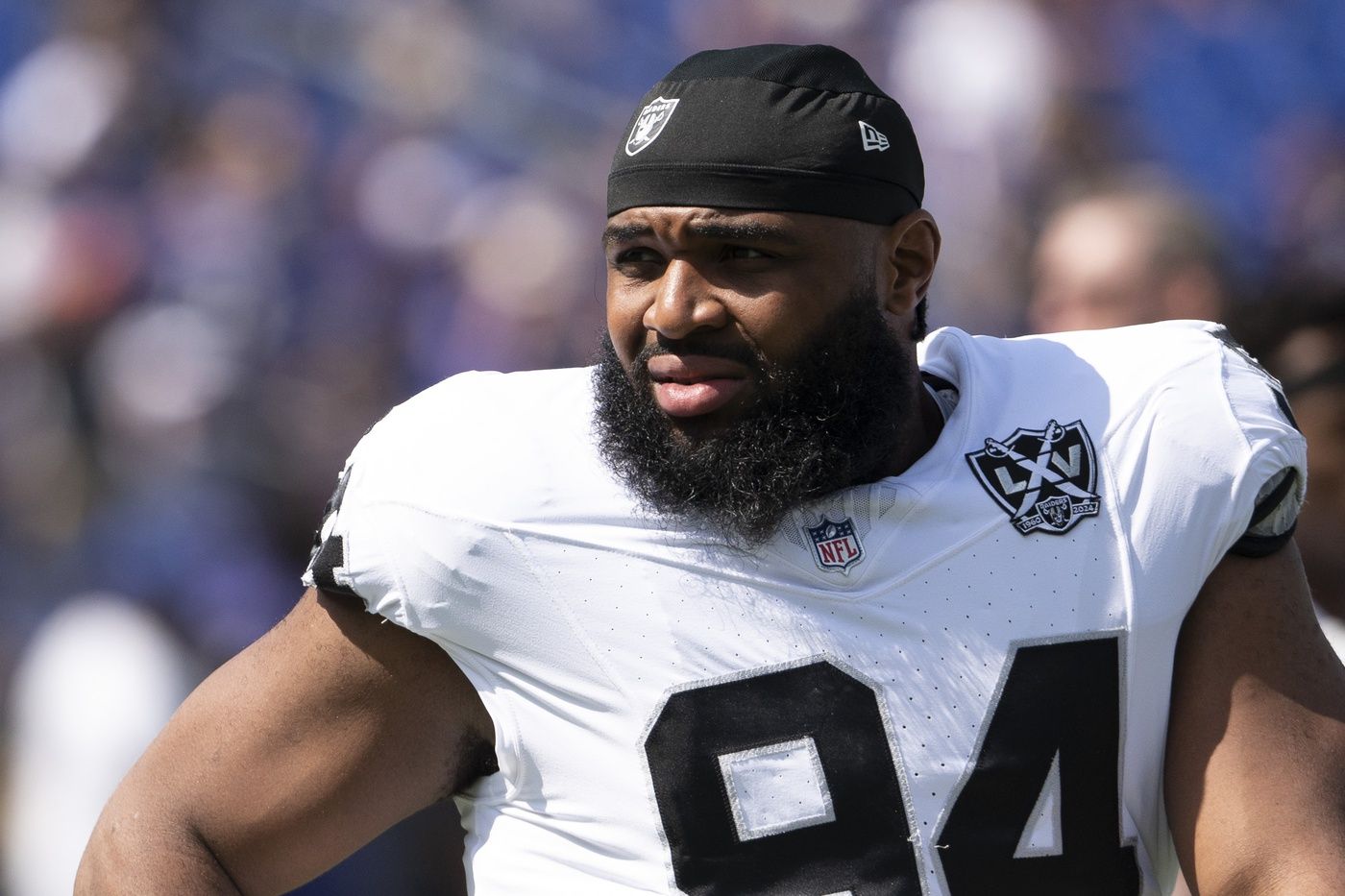 Las Vegas Raiders defensive tackle Christian Wilkins (94) before the game against the Baltimore Ravens at M&T Bank Stadium.