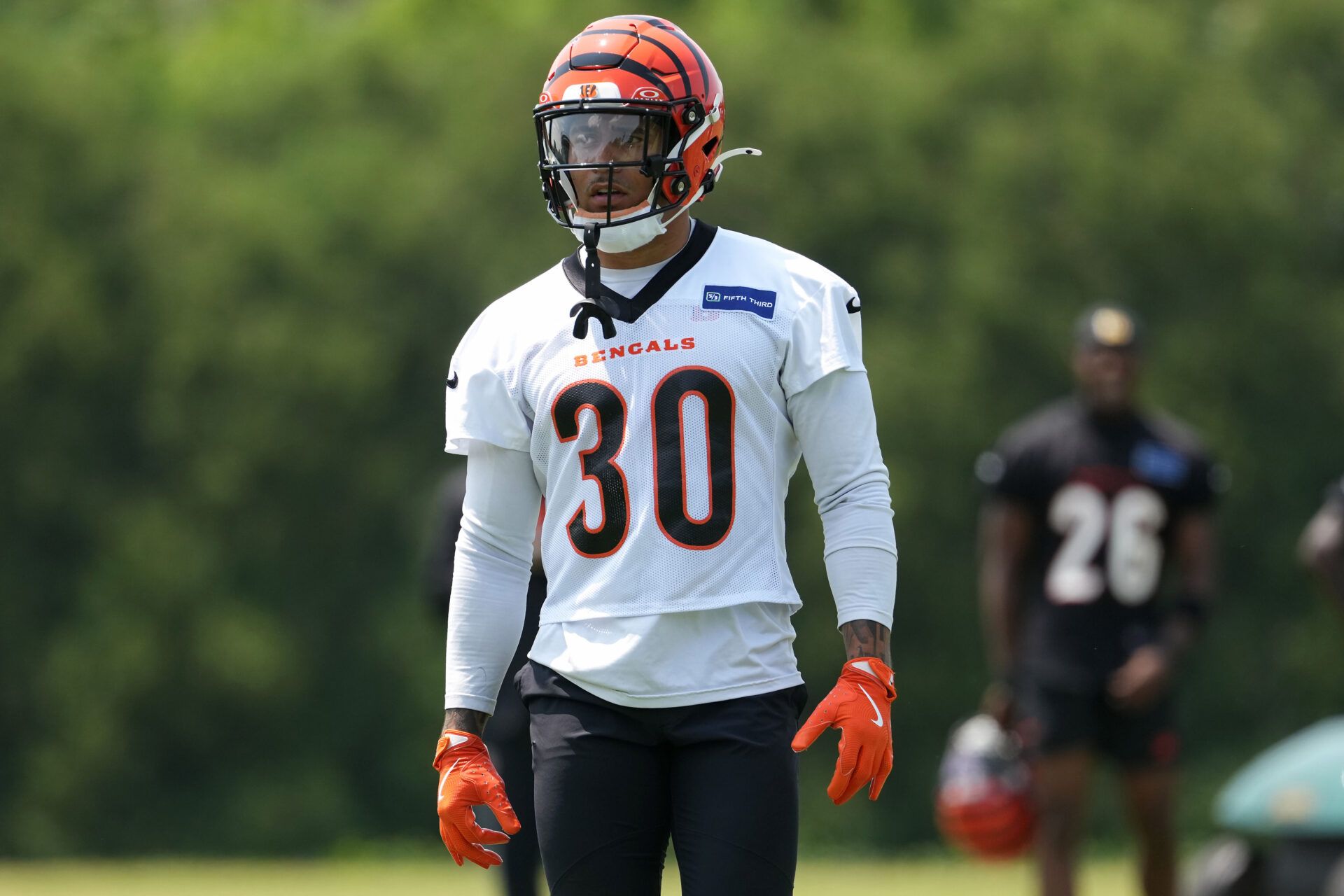 Cincinnati Bengals running back Chase Brown (30) walks to the line of scrimmage during practice at Paycor Stadium.