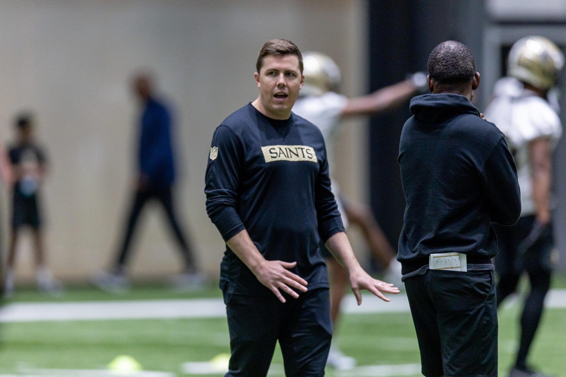 New Orleans Saints head coach Kellen Moore during rookie minicamp at Ochsner Sports Performance Center.
