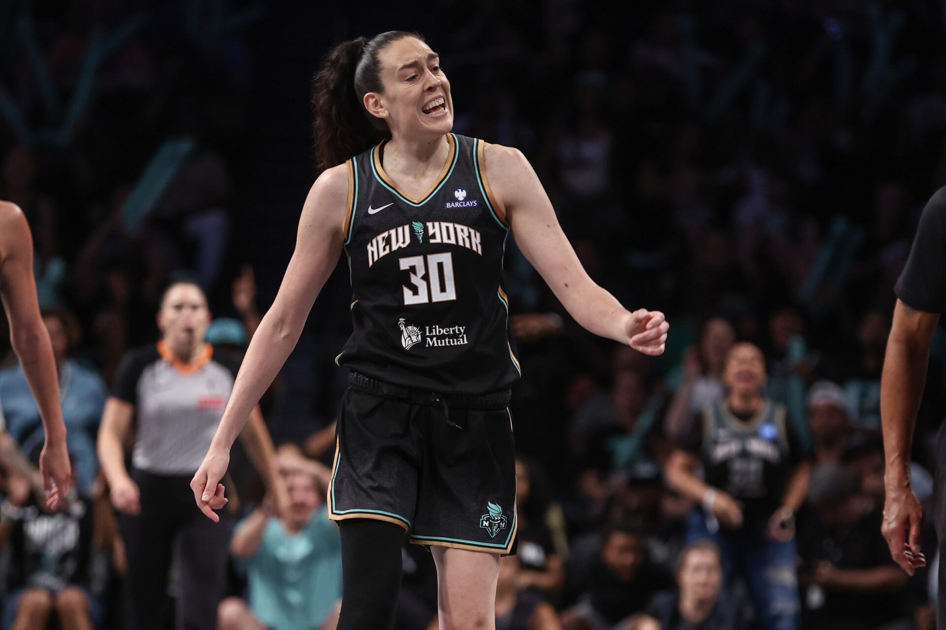 New York Liberty forward Breanna Stewart (30) reacts after forcing a turnover on the Atlanta Dream in the third quarter at Barclays Center.