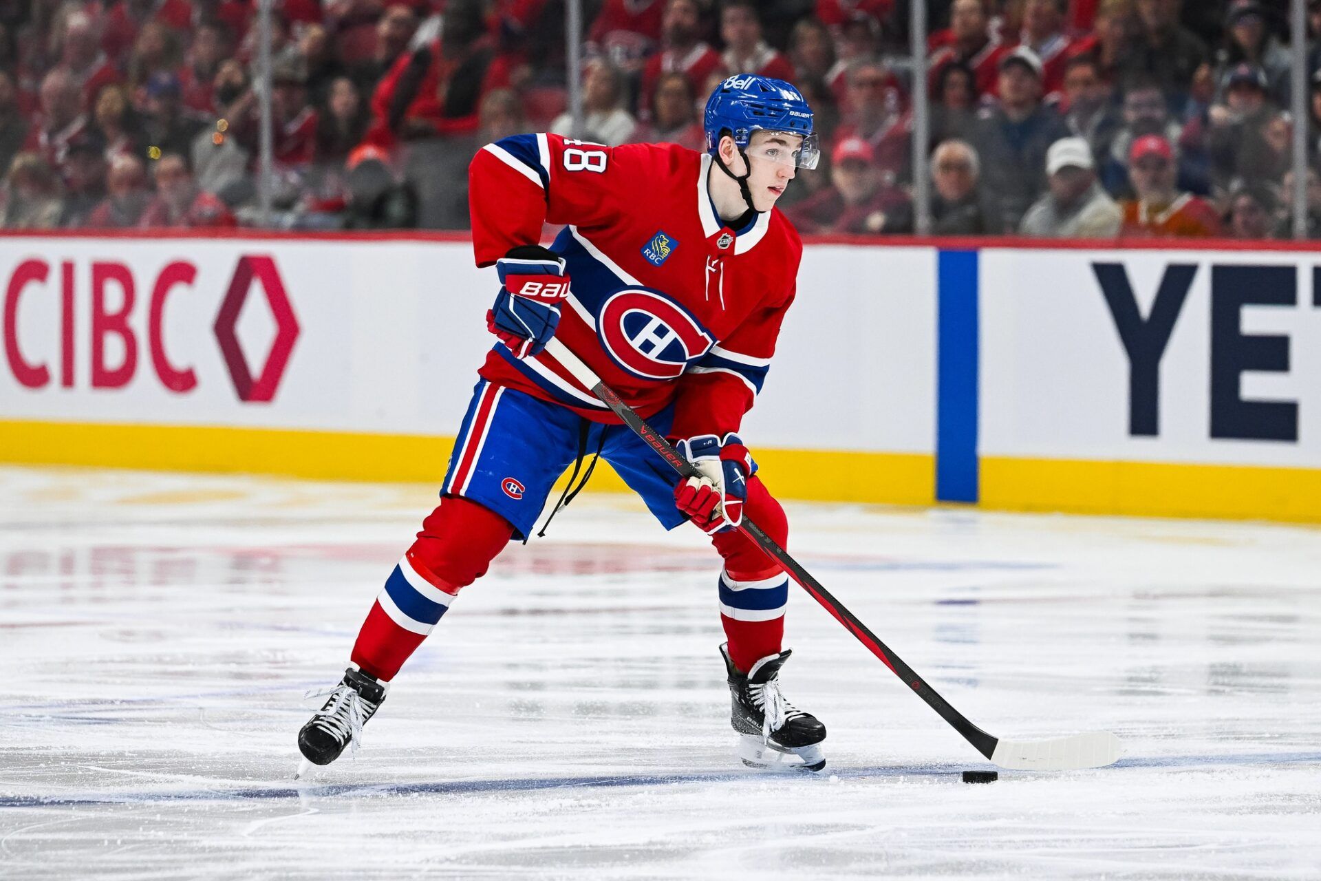 Montreal Canadiens defenseman Lane Hutson (48) considers his options with the puck against the Washington Capitals during the third period in game four of the first round of the 2025 Stanley Cup Playoffs at Bell Centre.
