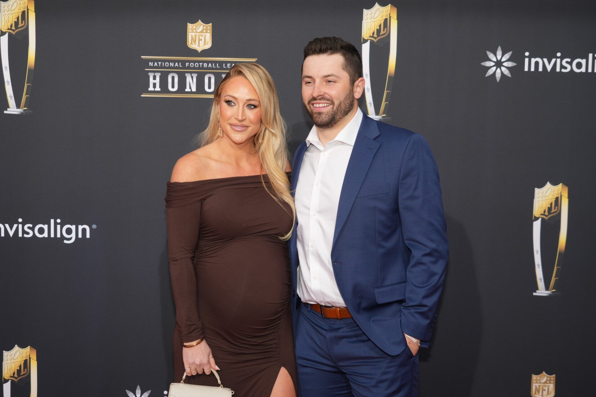 Baker Mayfield and Emily Wilkinson on the red carpet before the NFL Honors show at Resorts World Theatre.
