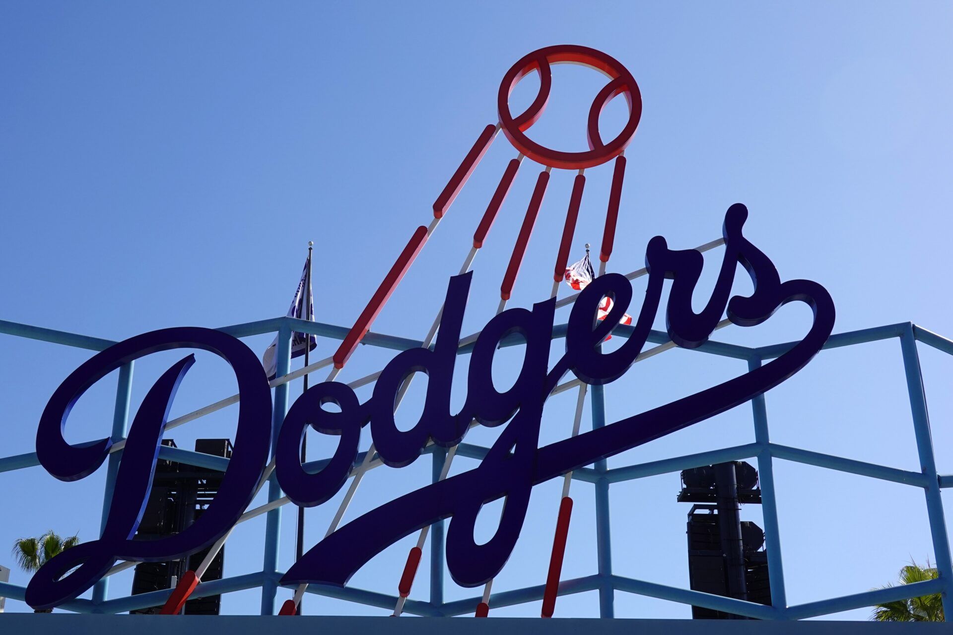 The Los Angeles Dodgers logo in the outfield pavilion at Dodger Stadium.