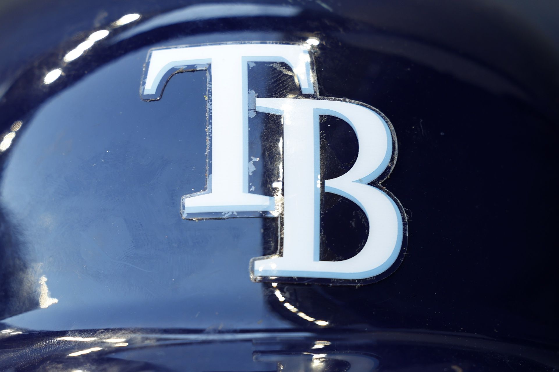 The Tampa Bay Rays logo on a batting helmet prior to the game against the Milwaukee Brewers at American Family Field.