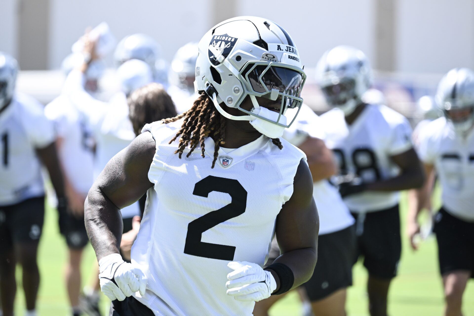 Las Vegas Raiders running back Ashton Jeanty (2) performs a drill during Las Vegas Raiders Minicamp at Intermountain Health Performance Center.