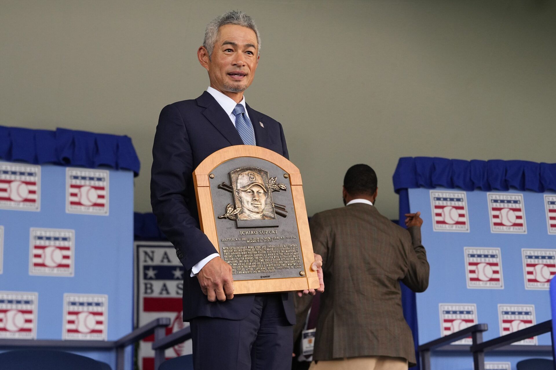 Hall of Fame inductee Ichiro Suzuki poses with his Hall of Fame plaque after the Baseball Hall of Fame Induction Ceremony at the Clark Sports Center.
