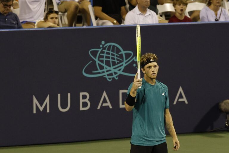Alejandro Davidovich Fokina (ESP) celebrates after match point against Taylor Fritz (USA)(not pictured) in a men's singles quarter final of the Mubadala Citi DC Open at Rock Creek Park Tennis Center.