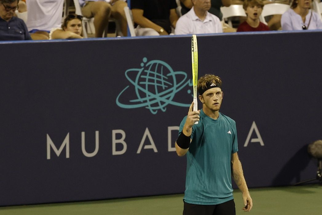 Alejandro Davidovich Fokina (ESP) celebrates after match point against Taylor Fritz (USA)(not pictured) in a men's singles quarter final of the Mubadala Citi DC Open at Rock Creek Park Tennis Center.