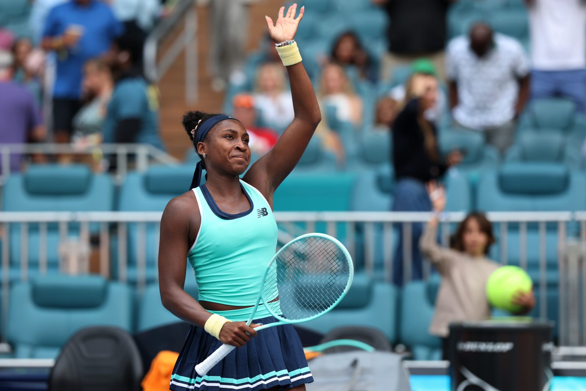Coco Gauff (USA) waves to the crowd after her match against Maria Sakkari (GRE)(not pictured) on day five of the Miami Open at Hard Rock Stadium.
