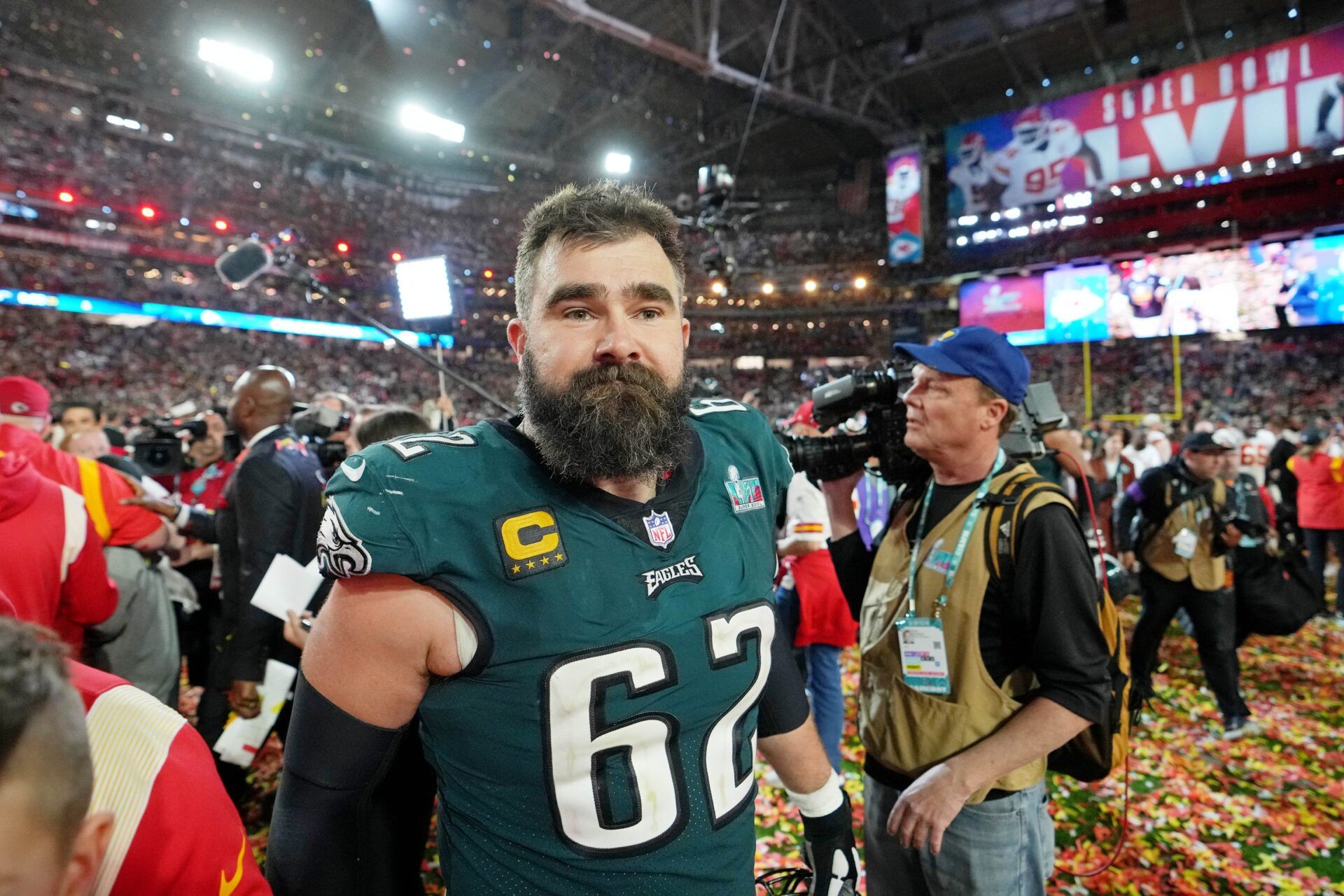 Philadelphia Eagles center Jason Kelce (62) walks on the field after losing Super Bowl LVII against the Kansas City Chiefs at State Farm Stadium.