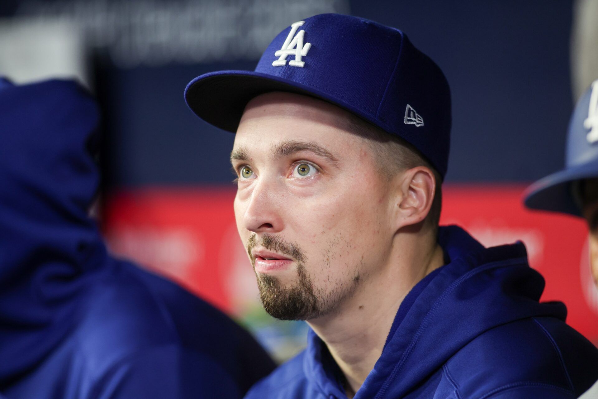 Los Angeles Dodgers starting pitcher Blake Snell (7) on the bench against the Atlanta Braves in the ninth inning at Truist Park.