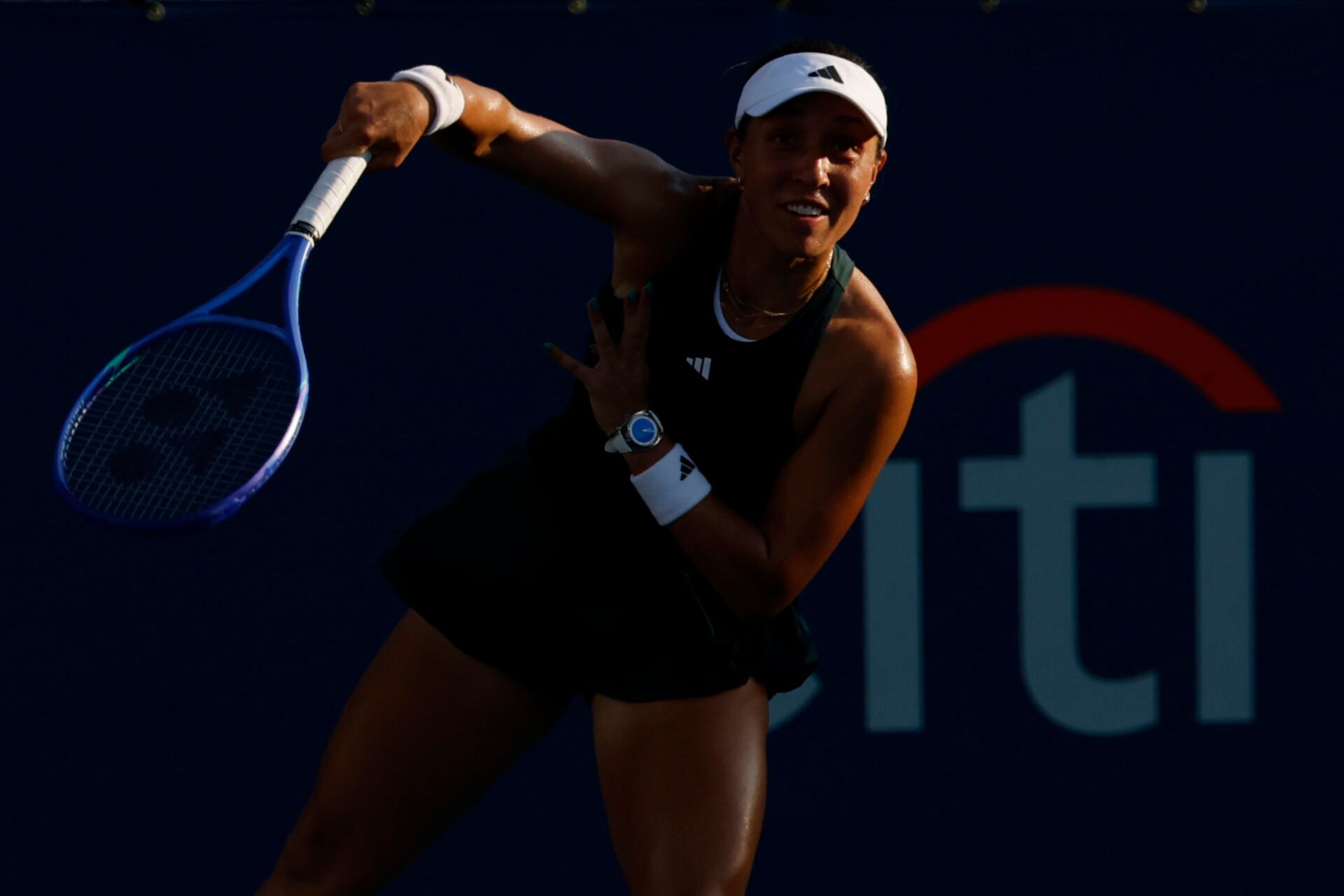 Jessica Pegula (USA) serves against Leylah Fernandez (CAN)(not pictured) in a women's singles match on day four of the Mubadala Citi DC Open at Rock Creek Park Tennis Center.