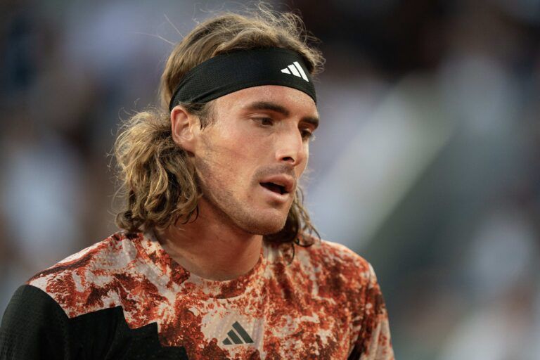 Jun 6 2023; Paris, France; Stefanos Tsitsipas (GRE) reacts during a match against Carlos Alcaraz (ESP) on day 10 at Stade Roland-Garros.