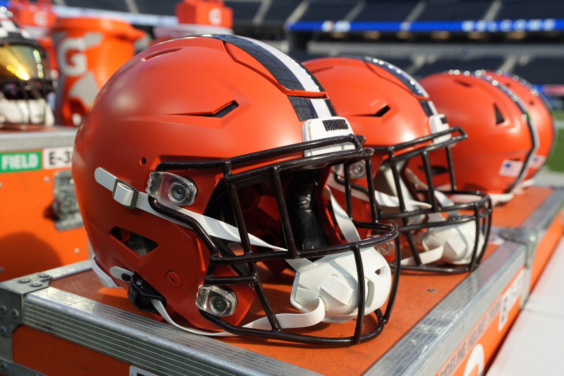 Riddell speedflex Cleveland Browns helmets on the sidelines at SoFi Stadium.
