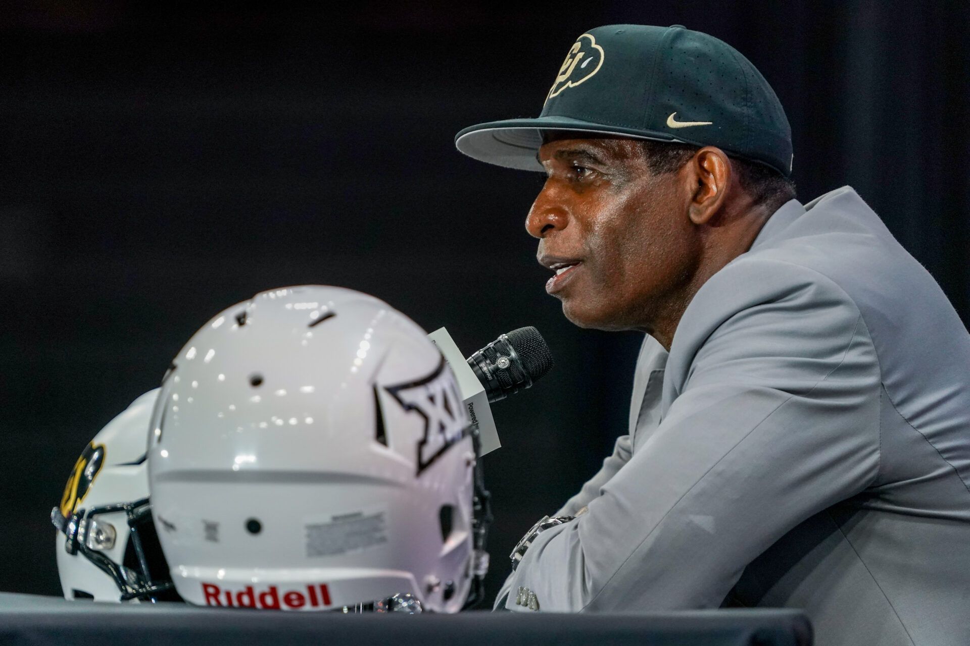 Colorado head coach Deion Sanders speaks with the media during 2025 Big 12 Football Media Days at The Star.