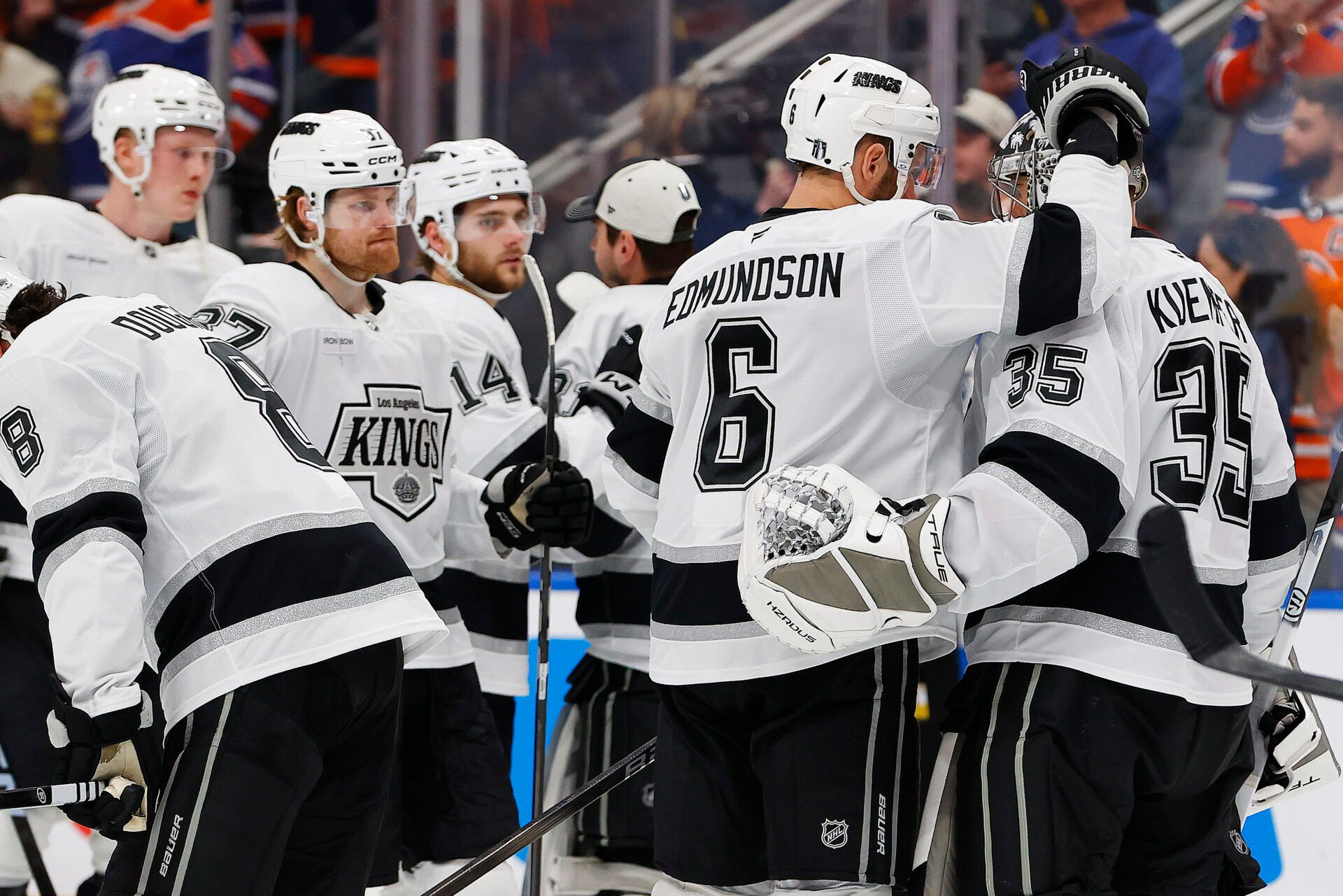 The Los Angeles Kings console Los Angeles Kings goaltender Darcy Kuemper (35) after the Edmonton Oilers eliminated them  in game six of the first round of the 2025 Stanley Cup Playoffs at Rogers Place.