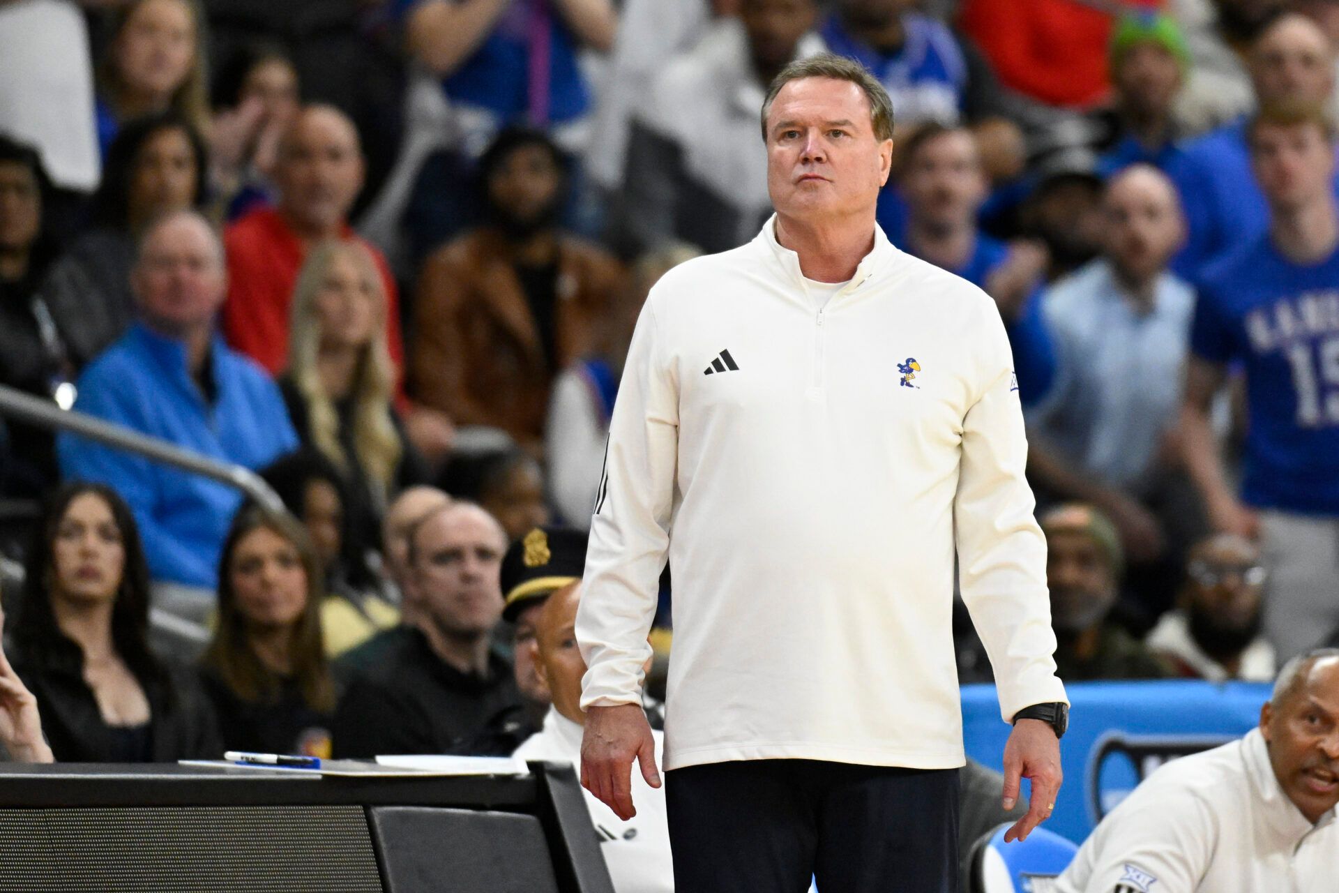 Kansas Jayhawks head coach Bill Self reacts during the first half against the Arkansas Razorbacks at Amica Mutual Pavilion.