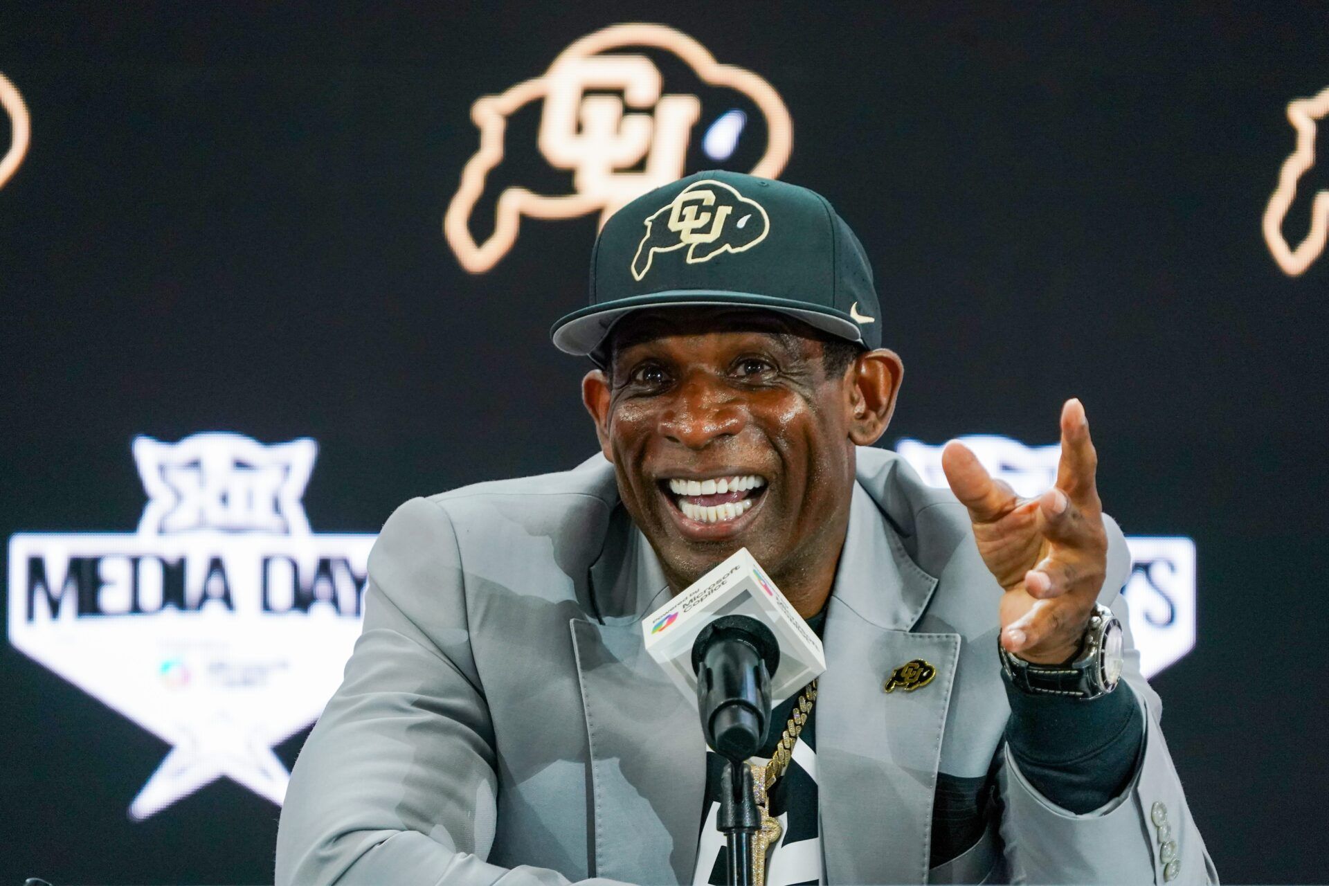 Colorado head coach Deion Sanders speaks with the media during 2025 Big 12 Football Media Days at The Star.