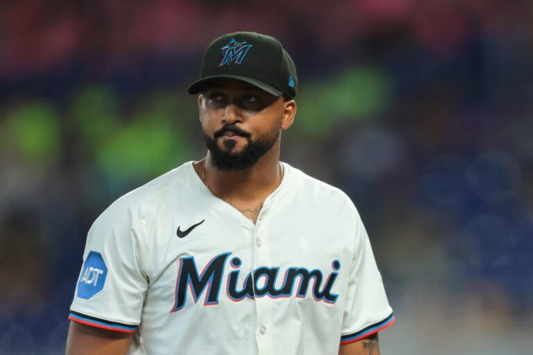Miami Marlins starting pitcher Sandy Alcantara (22) looks on against the San Diego Padres during the first inning at loanDepot Park.
