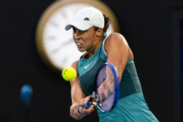 Madison Keys of United States of America plays a backhand during her match against Aryna Sabalenka in the final of the women's singles at the 2025 Australian Open at Melbourne Park.