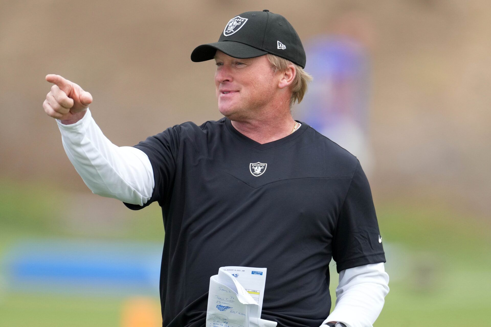 Las Vegas Raiders coach Jon Gruden reacts during a joint practice against the Los Angeles Rams.